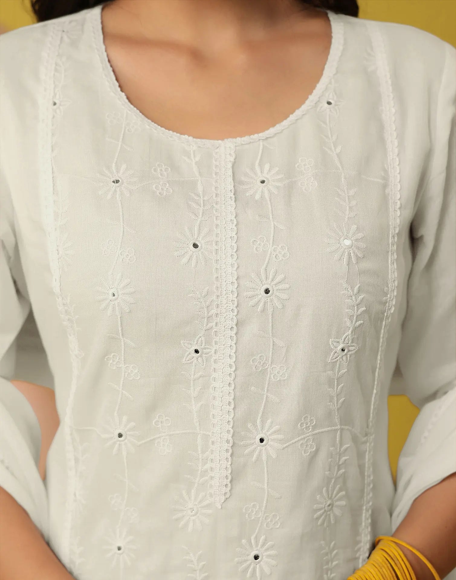 Milk White Round Neck Chikankari Embroidery Straight 3 Piece Kurta Set with Dupatta