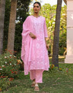 Taffy Pink Notched Neck Chikankari Embroidery Straight 3 Piece Kurta Set with Dupatta