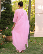 Taffy Pink Notched Neck Chikankari Embroidery Straight 3 Piece Kurta Set with Dupatta