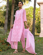 Taffy Pink Notched Neck Chikankari Embroidery Straight 3 Piece Kurta Set with Dupatta