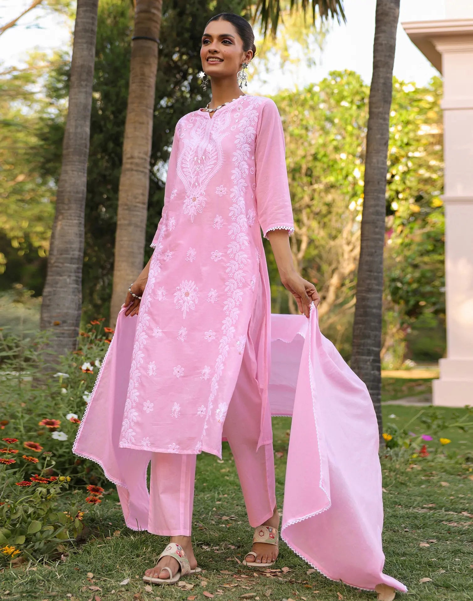 Taffy Pink Notched Neck Chikankari Embroidery Straight 3 Piece Kurta Set with Dupatta
