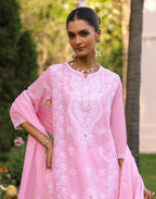 Taffy Pink Notched Neck Chikankari Embroidery Straight 3 Piece Kurta Set with Dupatta