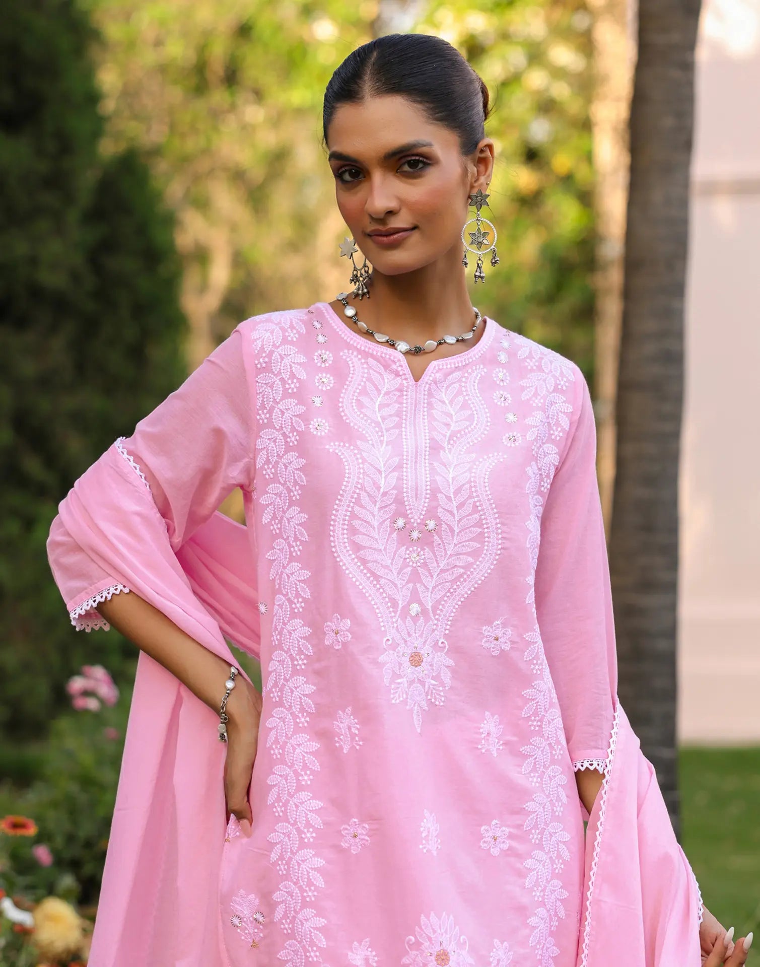 Taffy Pink Notched Neck Chikankari Embroidery Straight 3 Piece Kurta Set with Dupatta