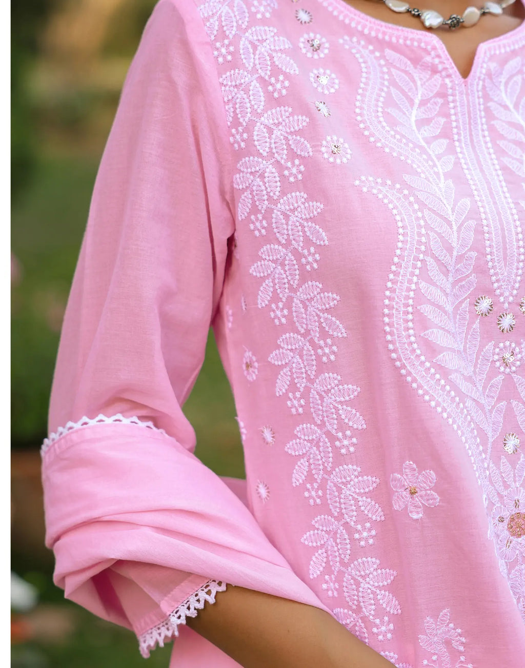 Taffy Pink Notched Neck Chikankari Embroidery Straight 3 Piece Kurta Set with Dupatta