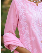 Taffy Pink Notched Neck Chikankari Embroidery Straight 3 Piece Kurta Set with Dupatta