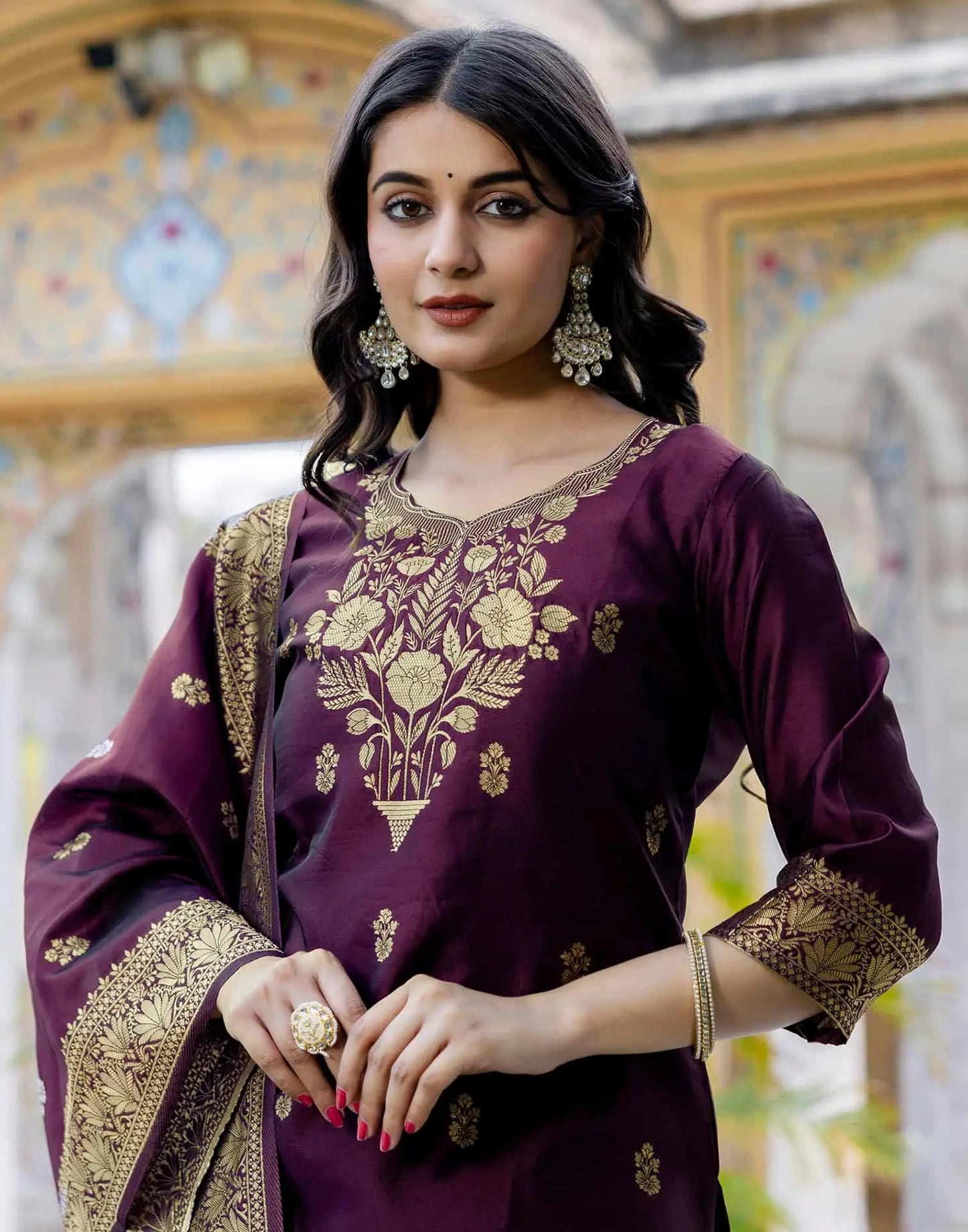 Purple Silk Blend Weaving Straight Kurta Set for Women with Pant & Dupatta