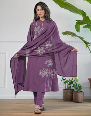 Dusty Mauve Purple Mandarin Collar Neck Thread Embroidery A-Line 3 Piece Kurta Set With Dupatta