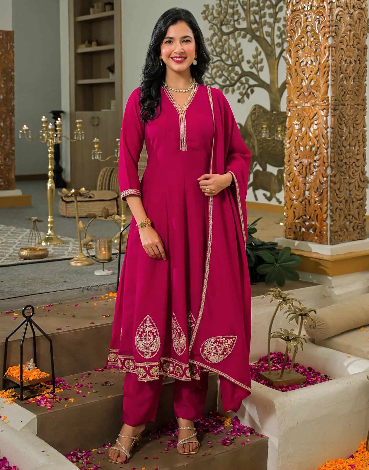 Affordable Pink Silk Embroidered Anarkali Kurta Set V-Neck Silk Kurti with Pant & Dupatta