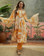 Vanilla Cream Split Round Neck Printed Anarkali 3 Piece Kurta Set with Dupatta
