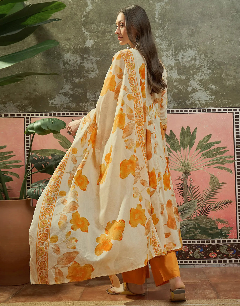 Vanilla Cream Split Round Neck Printed Anarkali 3 Piece Kurta Set with Dupatta