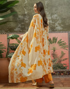 Vanilla Cream Split Round Neck Printed Anarkali 3 Piece Kurta Set with Dupatta