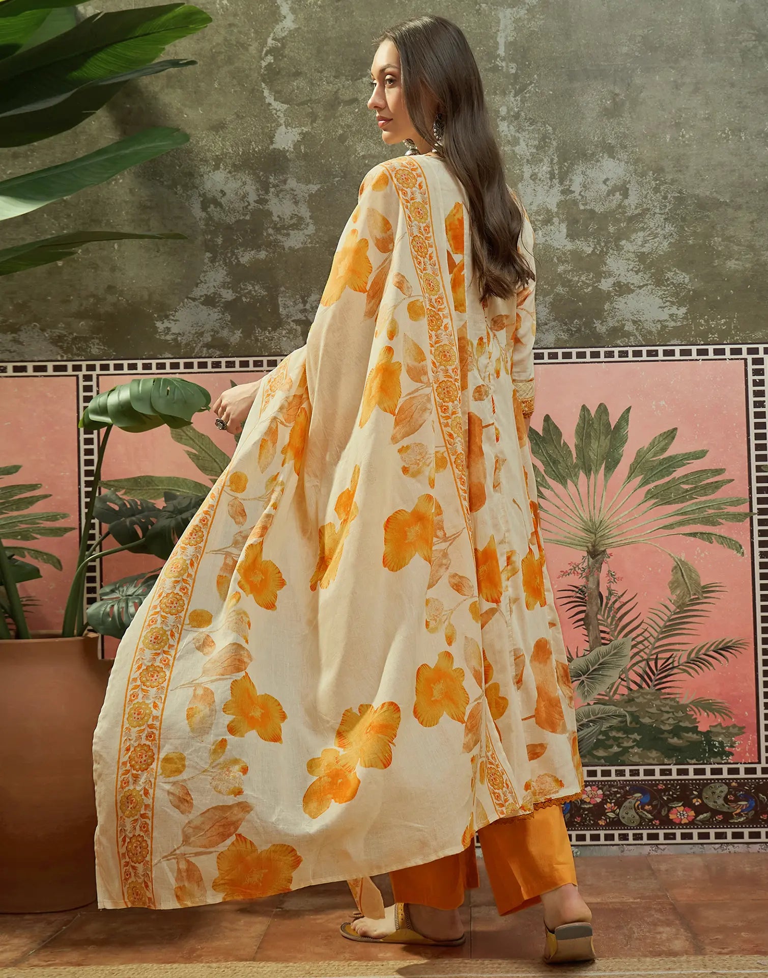 Vanilla Cream Split Round Neck Printed Anarkali 3 Piece Kurta Set with Dupatta