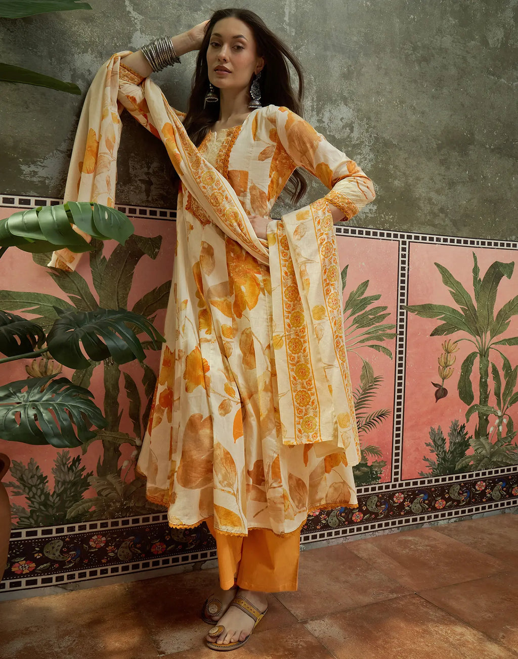 Vanilla Cream Split Round Neck Printed Anarkali 3 Piece Kurta Set with Dupatta