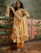 Vanilla Cream Split Round Neck Printed Anarkali 3 Piece Kurta Set with Dupatta