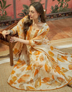 Vanilla Cream Split Round Neck Printed Anarkali 3 Piece Kurta Set with Dupatta