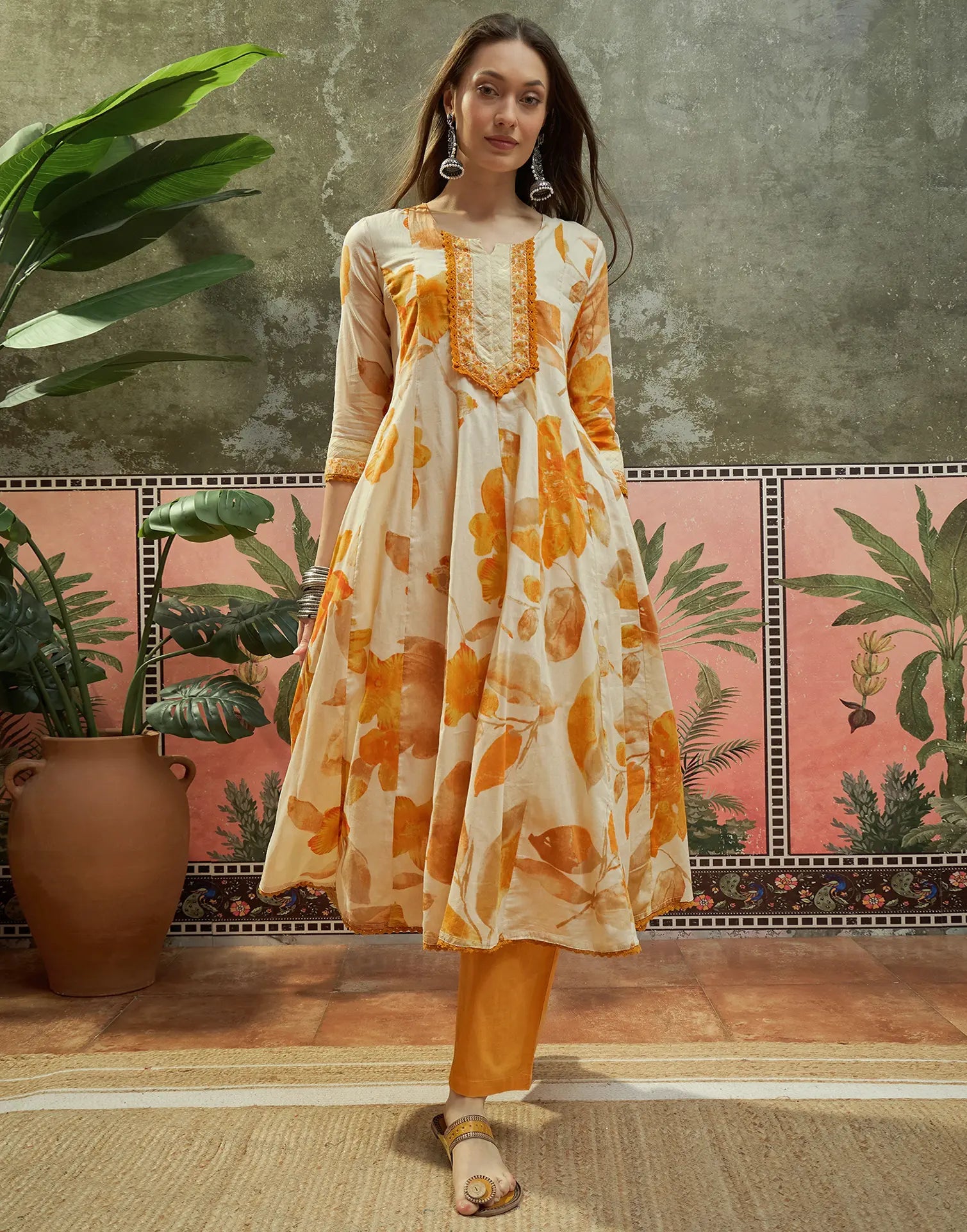 Vanilla Cream Split Round Neck Printed Anarkali 3 Piece Kurta Set with Dupatta