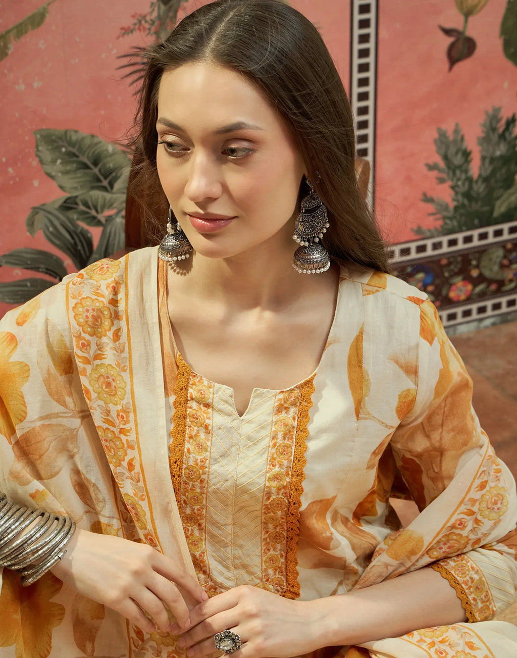 Vanilla Cream Split Round Neck Printed Anarkali 3 Piece Kurta Set with Dupatta