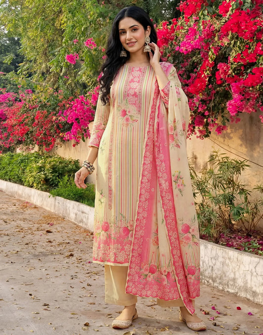 Magnolia White Round Neck Digital Printed Straight 3 Piece Kurta Set With Dupatta