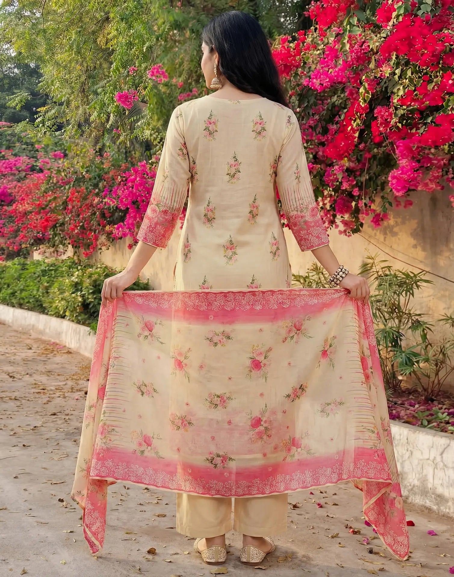 Magnolia White Round Neck Digital Printed Straight 3 Piece Kurta Set with Dupatta