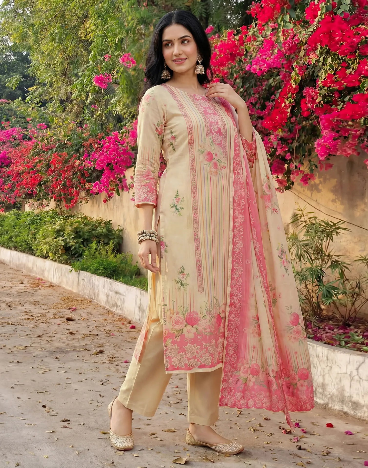 Magnolia White Round Neck Digital Printed Straight 3 Piece Kurta Set with Dupatta