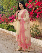 Magnolia White Round Neck Digital Printed Straight 3 Piece Kurta Set with Dupatta