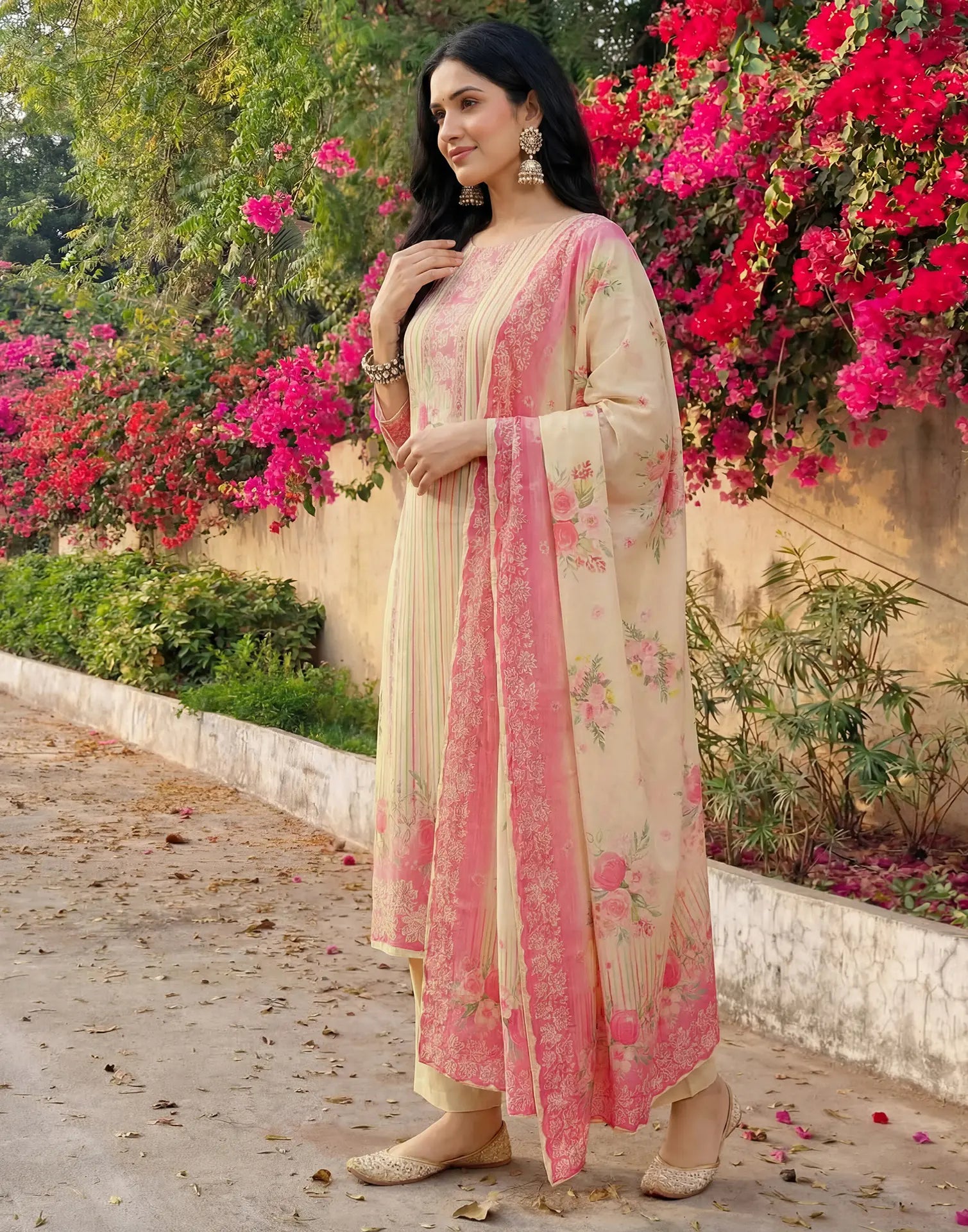 Magnolia White Round Neck Digital Printed Straight 3 Piece Kurta Set with Dupatta