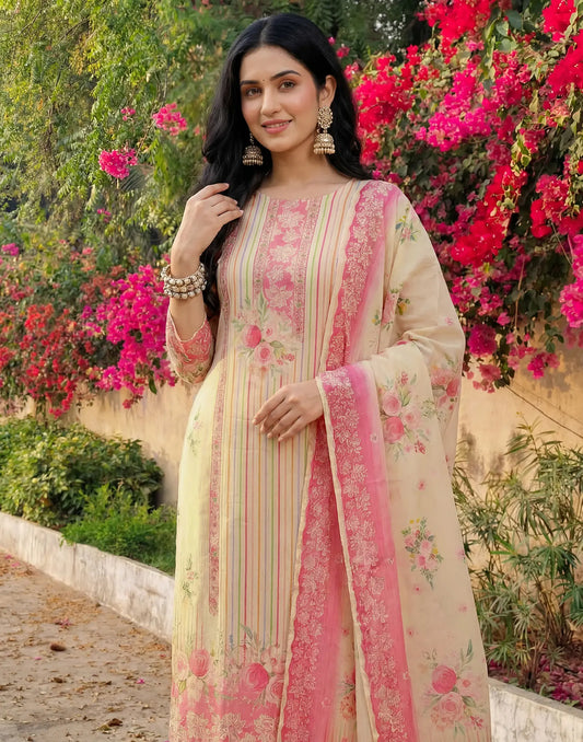 Magnolia White Round Neck Digital Printed Straight 3 Piece Kurta Set With Dupatta