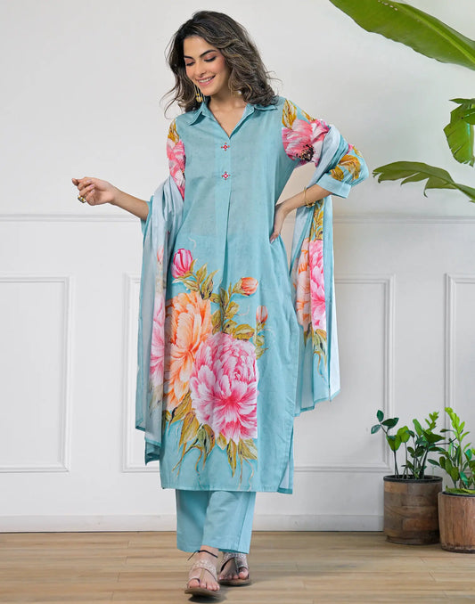 Viscose Rayon Floral Print Straight 3 Piece Kurta Set