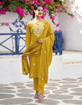 Mustard Yellow Round Neck Chikankari Embroidery Straight 3 Piece Kurta Set With Dupatta