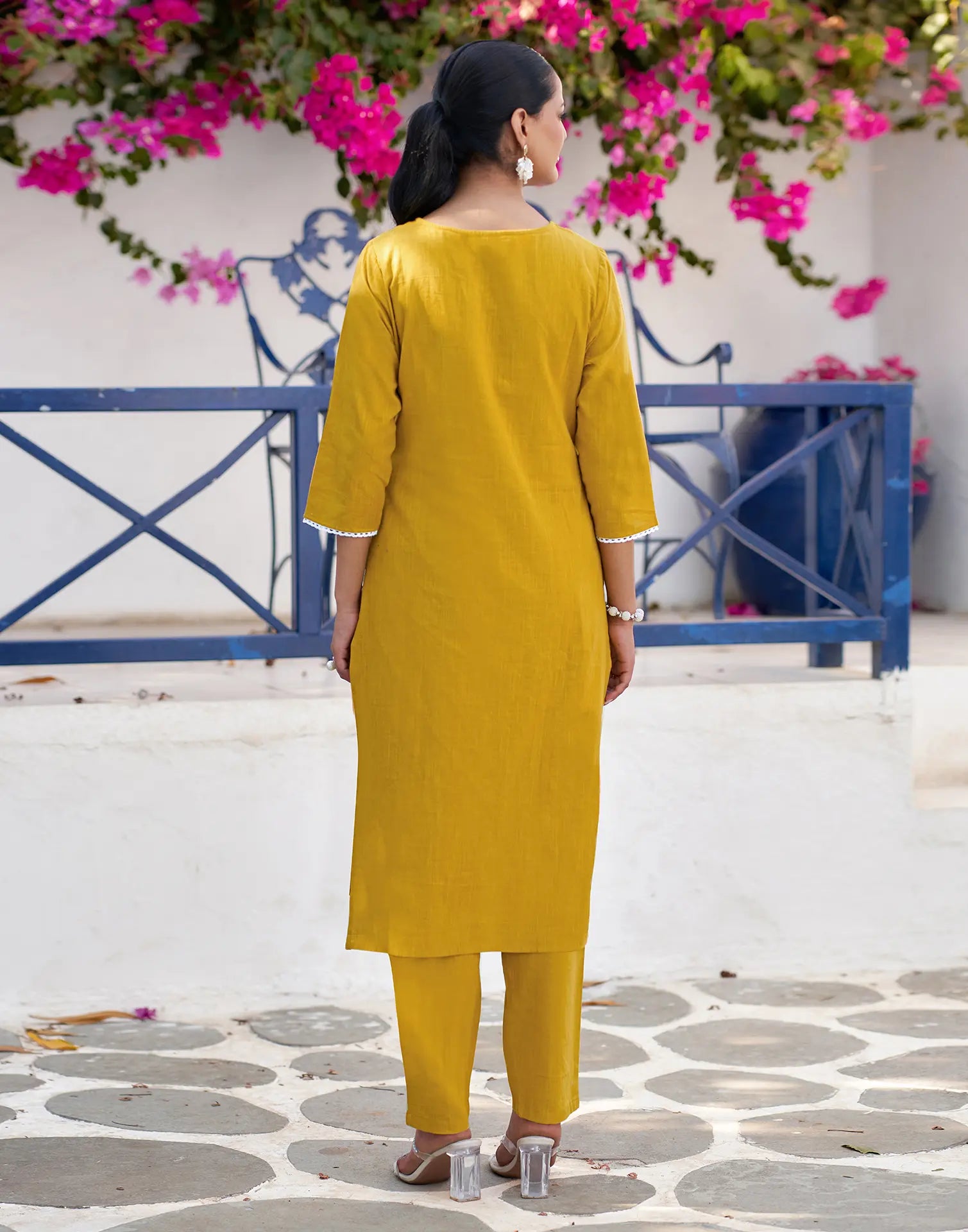 Mustard Yellow Round Neck Chikankari Embroidery Straight 3 Piece Kurta Set With Dupatta
