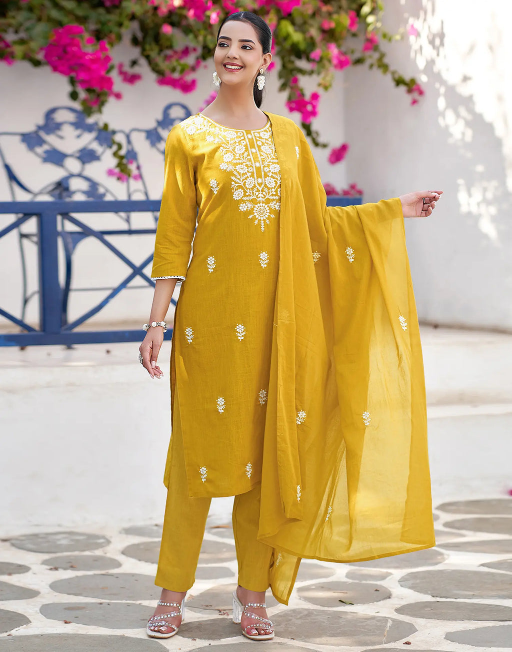 Mustard Yellow Round Neck Chikankari Embroidery Straight 3 Piece Kurta Set With Dupatta