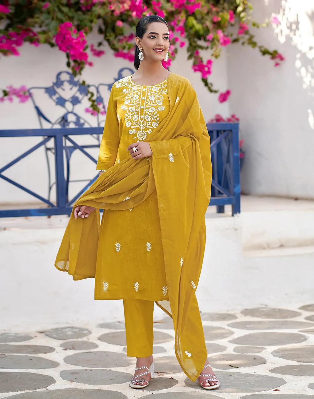 Mustard Yellow Round Neck Chikankari Embroidery Straight 3 Piece Kurta Set With Dupatta
