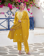 Mustard Yellow Round Neck Chikankari Embroidery Straight 3 Piece Kurta Set With Dupatta