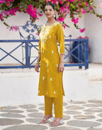 Mustard Yellow Round Neck Chikankari Embroidery Straight 3 Piece Kurta Set With Dupatta