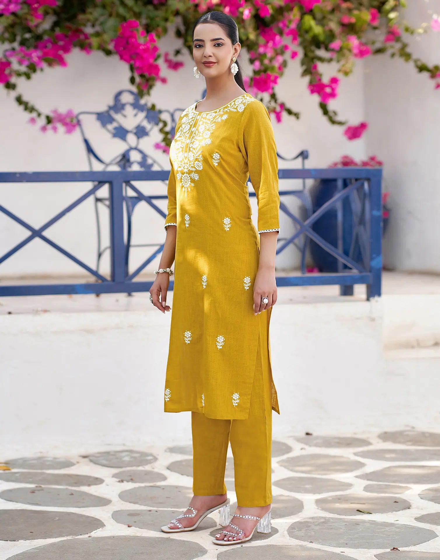 Mustard Yellow Round Neck Chikankari Embroidery Straight 3 Piece Kurta Set With Dupatta