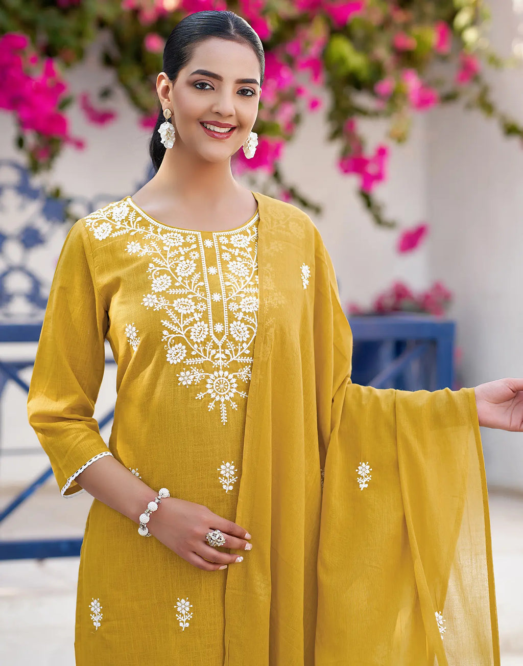 Mustard Yellow Round Neck Chikankari Embroidery Straight 3 Piece Kurta Set With Dupatta
