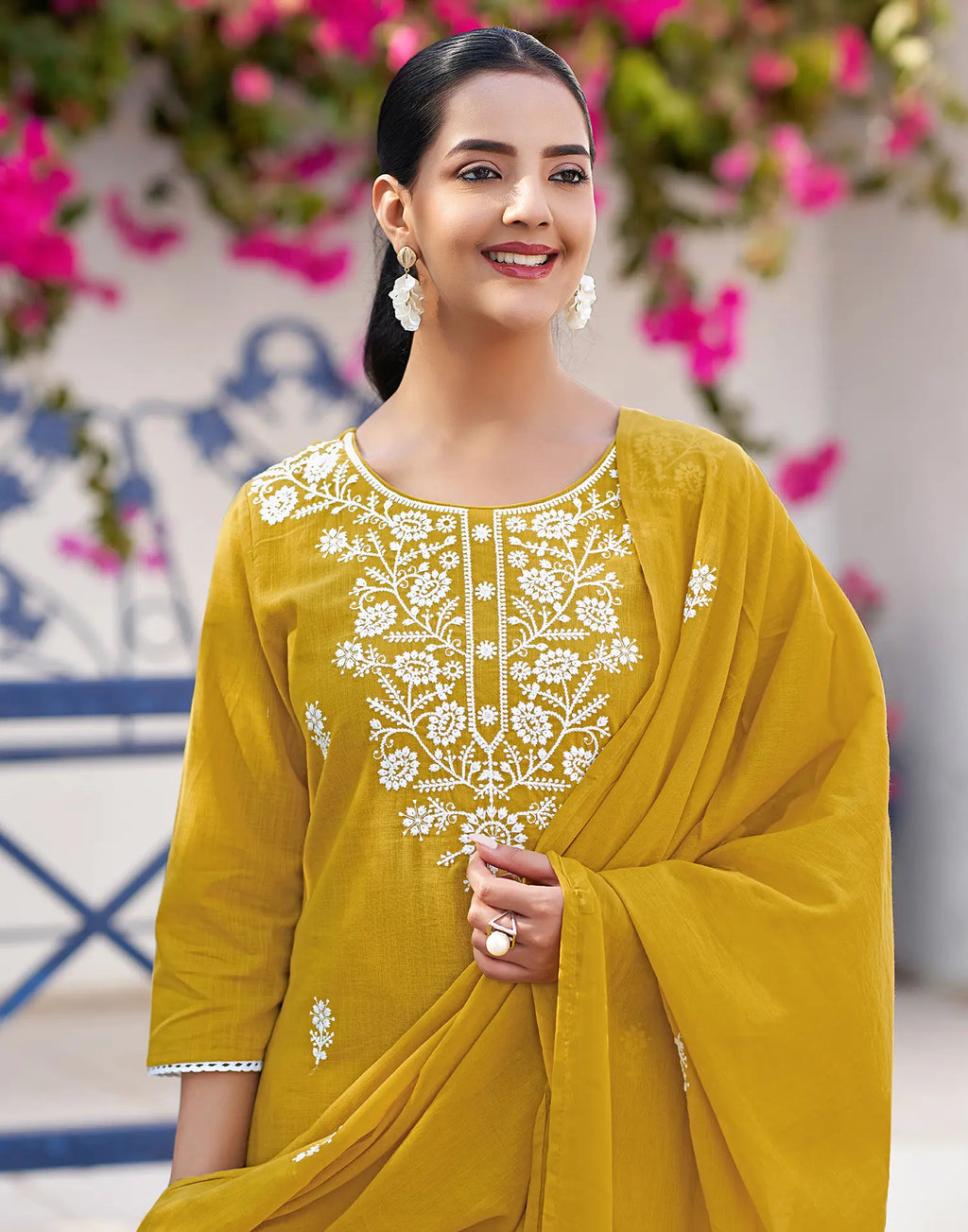 Mustard Yellow Round Neck Chikankari Embroidery Straight 3 Piece Kurta Set With Dupatta