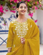 Mustard Yellow Round Neck Chikankari Embroidery Straight 3 Piece Kurta Set With Dupatta