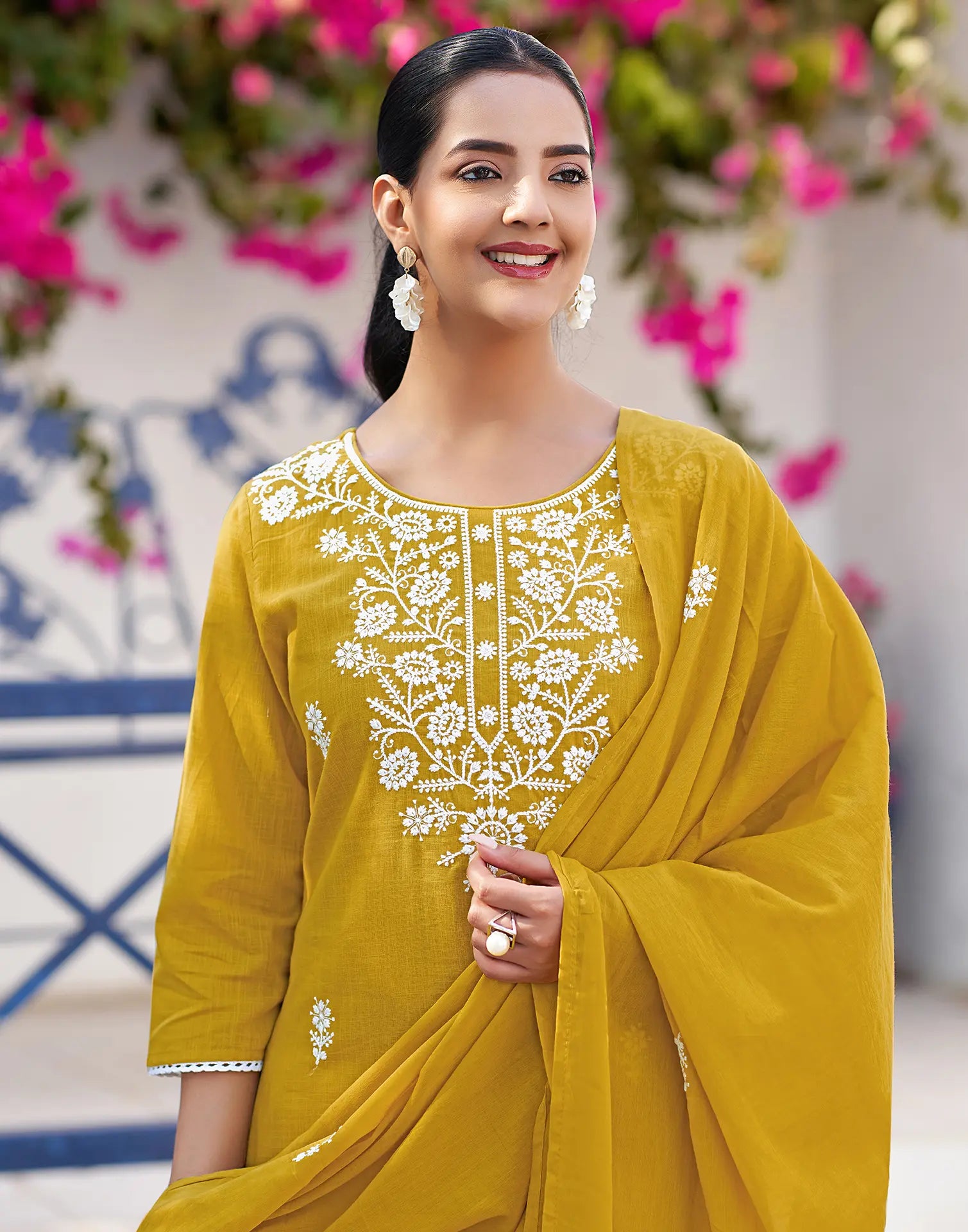 Mustard Yellow Round Neck Chikankari Embroidery Straight 3 Piece Kurta Set With Dupatta