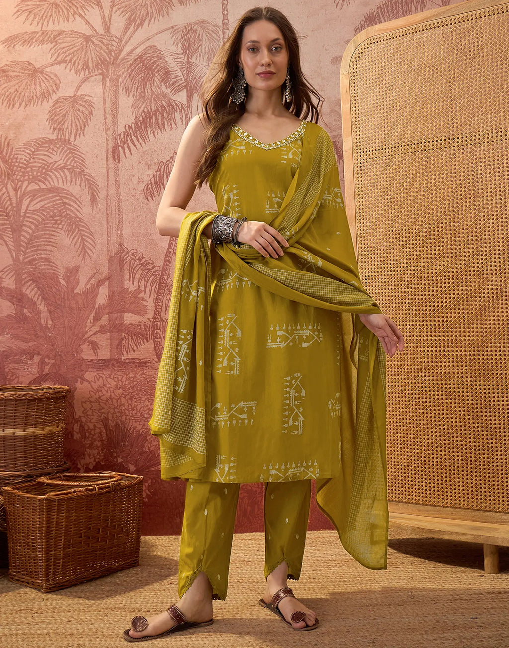 Olive Green Sweetheart V-Neck, Broad Strap Embroidered Digital Printed Straight 3 Piece Kurta Set with Dupatta