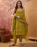 Olive Green Sweetheart V-Neck, Broad Strap Embroidered Digital Printed Straight 3 Piece Kurta Set with Dupatta
