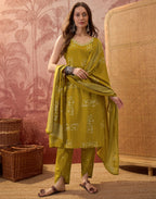 Olive Green Sweetheart V-Neck, Broad Strap Embroidered Digital Printed Straight 3 Piece Kurta Set with Dupatta