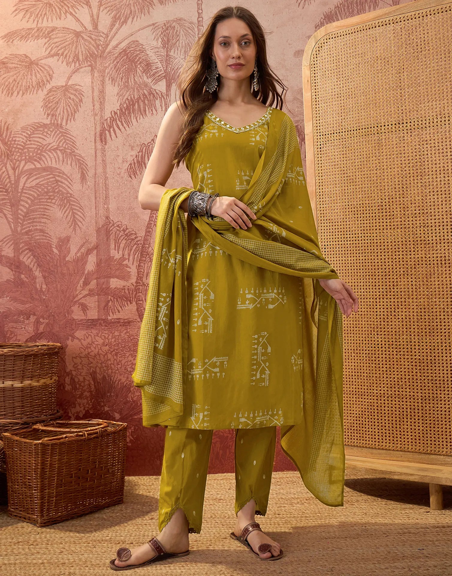 Olive Green Sweetheart V-Neck, Broad Strap Embroidered Digital Printed Straight 3 Piece Kurta Set with Dupatta