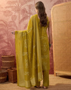 Olive Green Sweetheart V-Neck, Broad Strap Embroidered Digital Printed Straight 3 Piece Kurta Set with Dupatta