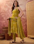 Olive Green Sweetheart V-Neck, Broad Strap Embroidered Digital Printed Straight 3 Piece Kurta Set with Dupatta