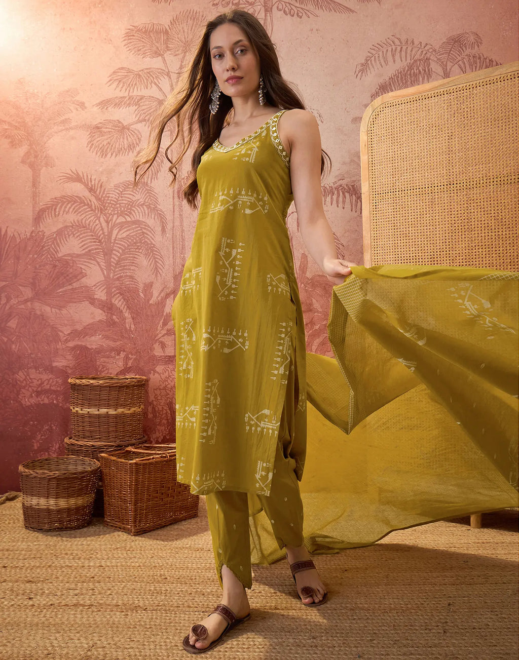 Olive Green Sweetheart V-Neck, Broad Strap Embroidered Digital Printed Straight 3 Piece Kurta Set with Dupatta
