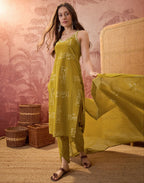 Olive Green Sweetheart V-Neck, Broad Strap Embroidered Digital Printed Straight 3 Piece Kurta Set with Dupatta
