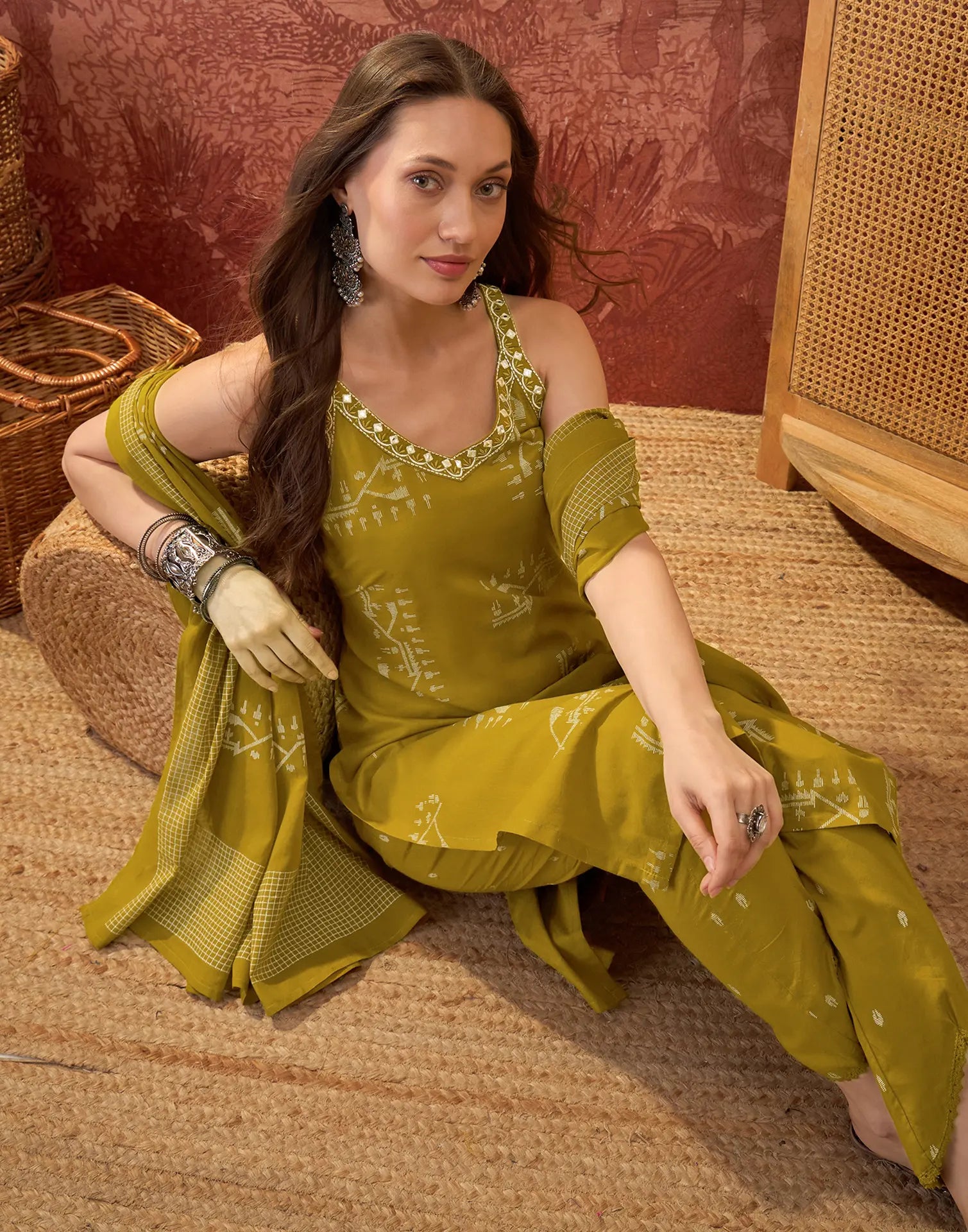 Olive Green Sweetheart V-Neck, Broad Strap Embroidered Digital Printed Straight 3 Piece Kurta Set with Dupatta