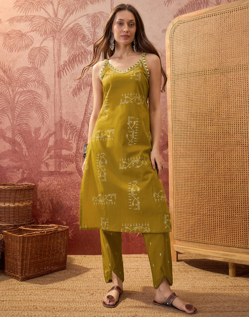 Olive Green Sweetheart V-Neck, Broad Strap Embroidered Digital Printed Straight 3 Piece Kurta Set with Dupatta