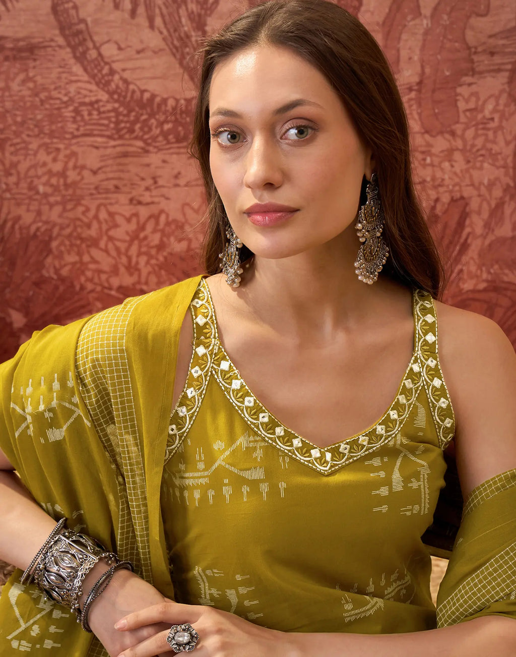 Olive Green Sweetheart V-Neck, Broad Strap Embroidered Digital Printed Straight 3 Piece Kurta Set with Dupatta